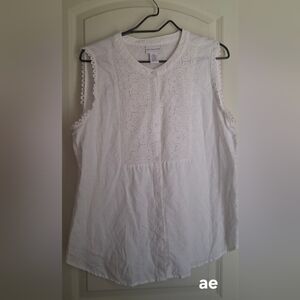 Liz Claiborne Womens Size L Oversized White Sand Sleeveless Linen Blend Top Lace